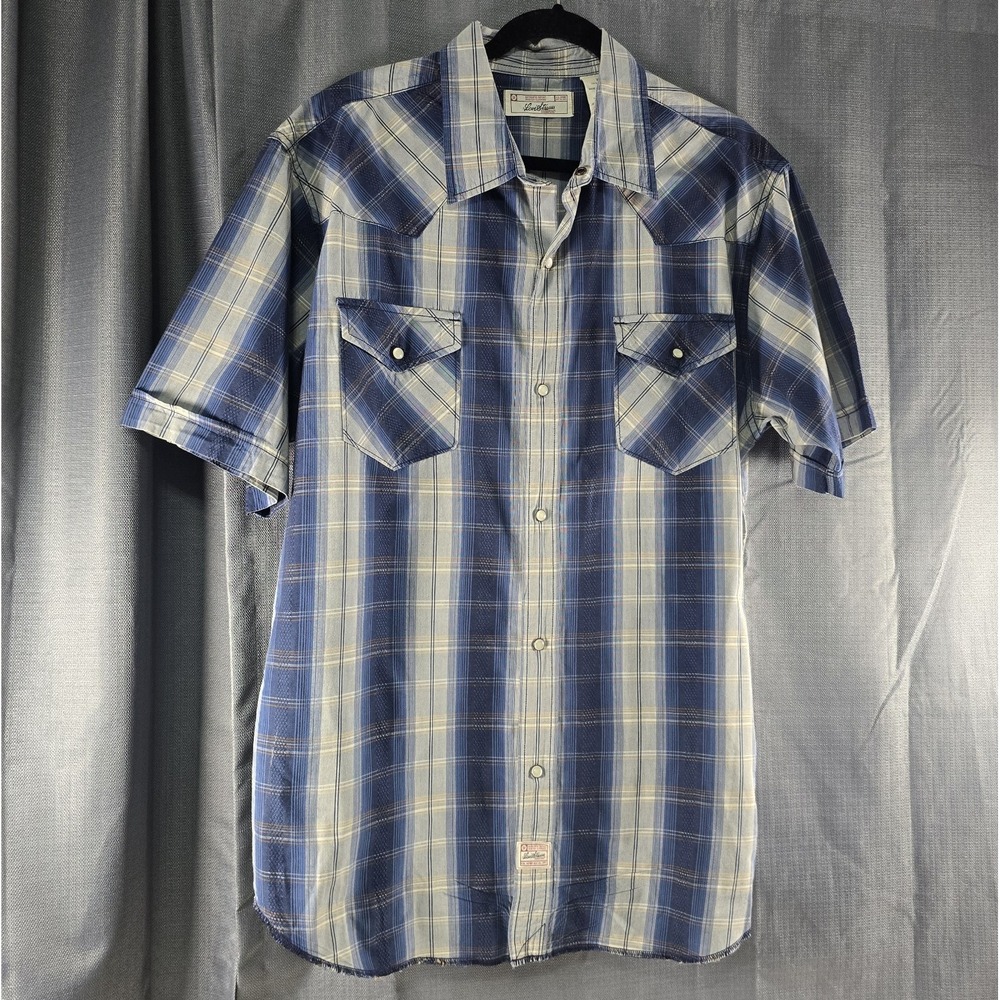 Levi Strauss Signature Men's XL Blue Beige Cotton Short Sleeve Plaid Button-Up